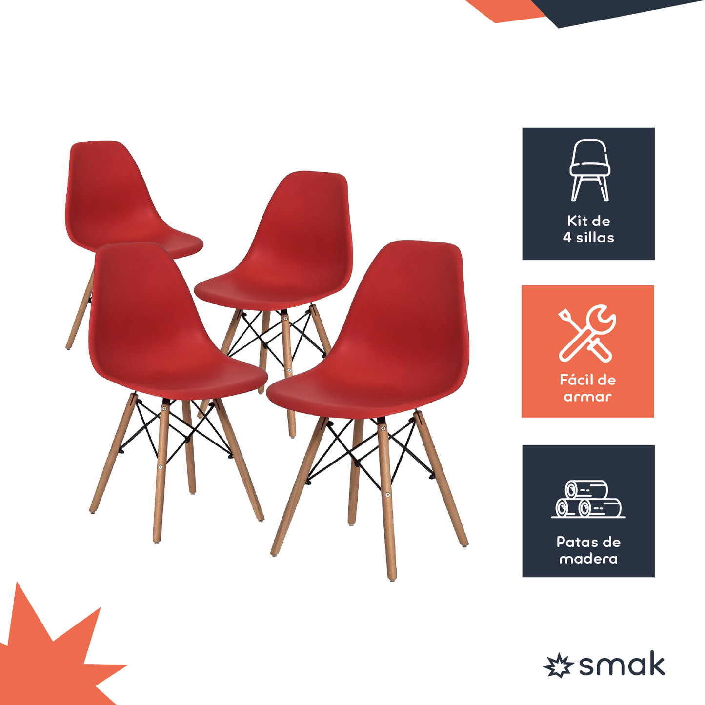 SMAK Set Silla Eames Rojo - 4 Piezas