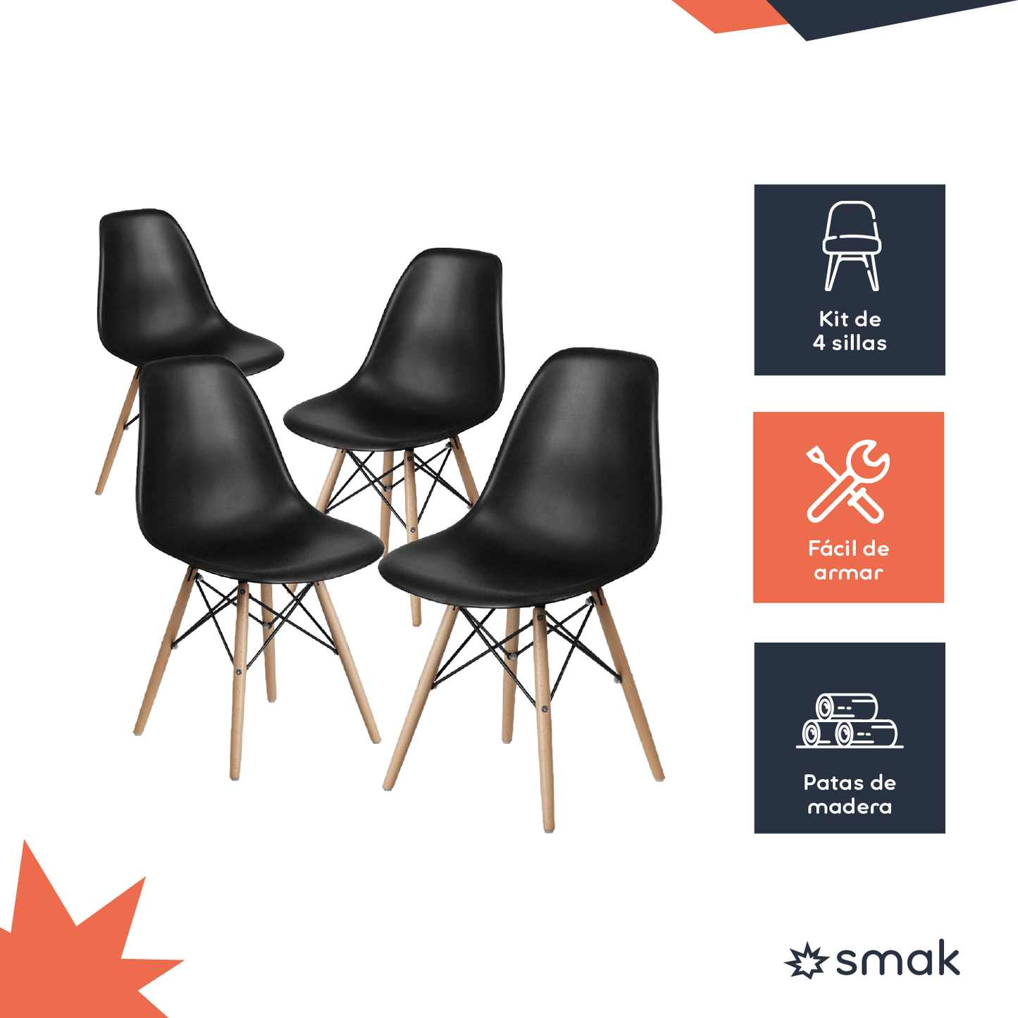 SMAK Set Silla Eames Negra - 4 Piezas