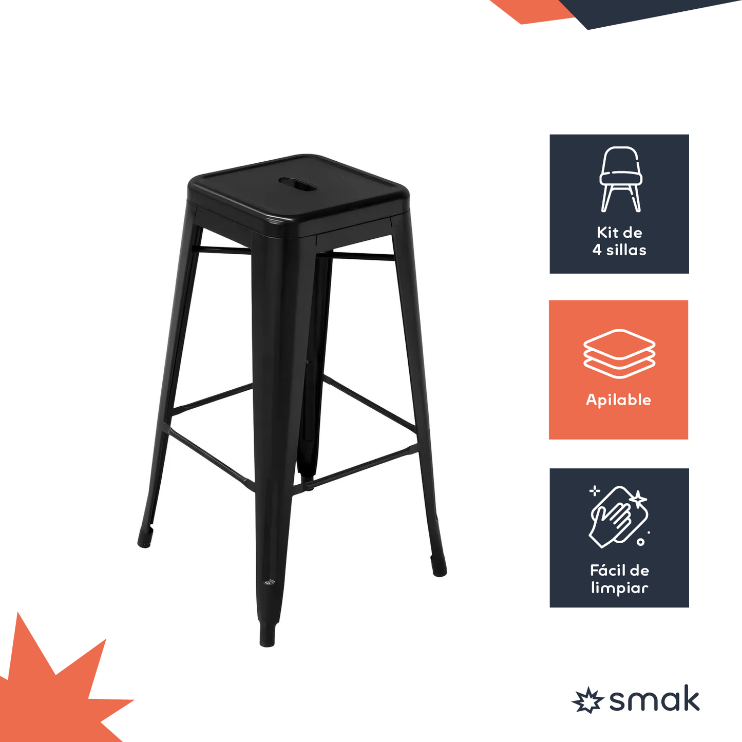 SMAK Set Taburete Tolix Negro Simple - 4 Piezas